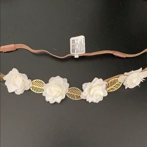 White Flower Wrap Headband w/ Gold Leaves